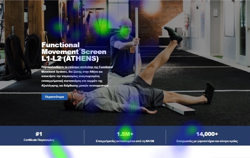 Homepage of a website with an eye-tracking heatmap: attention gathers on the people in the photo, while the button gets very little