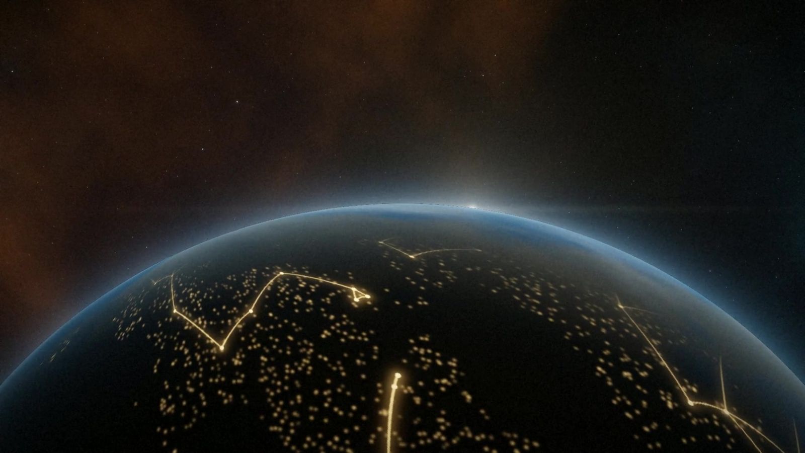 Earth at night with golden lines connecting points of human activity, a visual of how everything is connected
